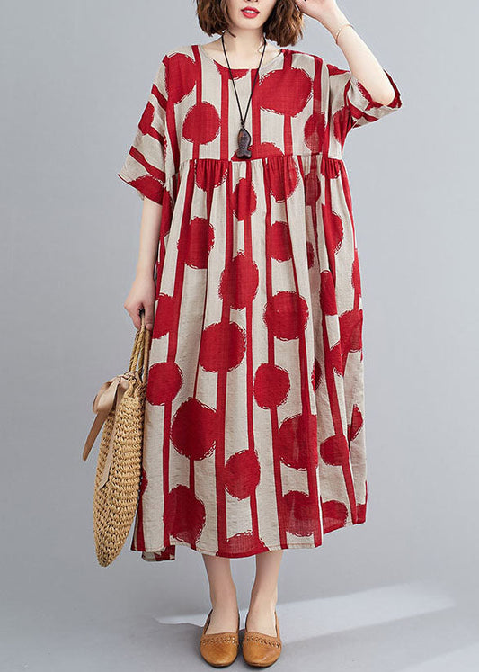 Red O-neck Print Wrinkled Exra Large Hem Cotton Long Dresses Short Sleeve