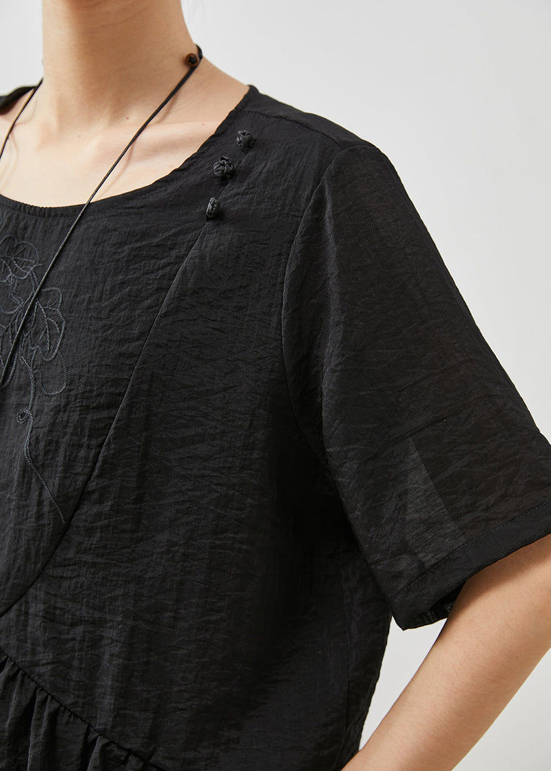 Black Embroidered Patchwork Linen Two Pieces Set Summer