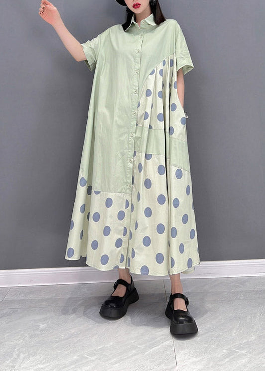Green Peter Pan Collar Dot Patchwork Button Pockets Wrinkled Dress Half Sleeve