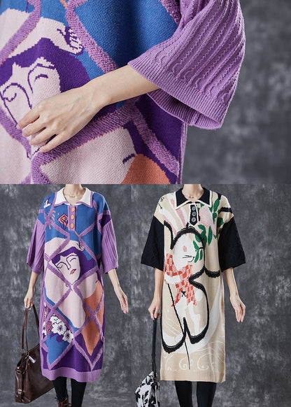 Purple Peter Pan Collar Print Knit Long Sweater Half Sleeve