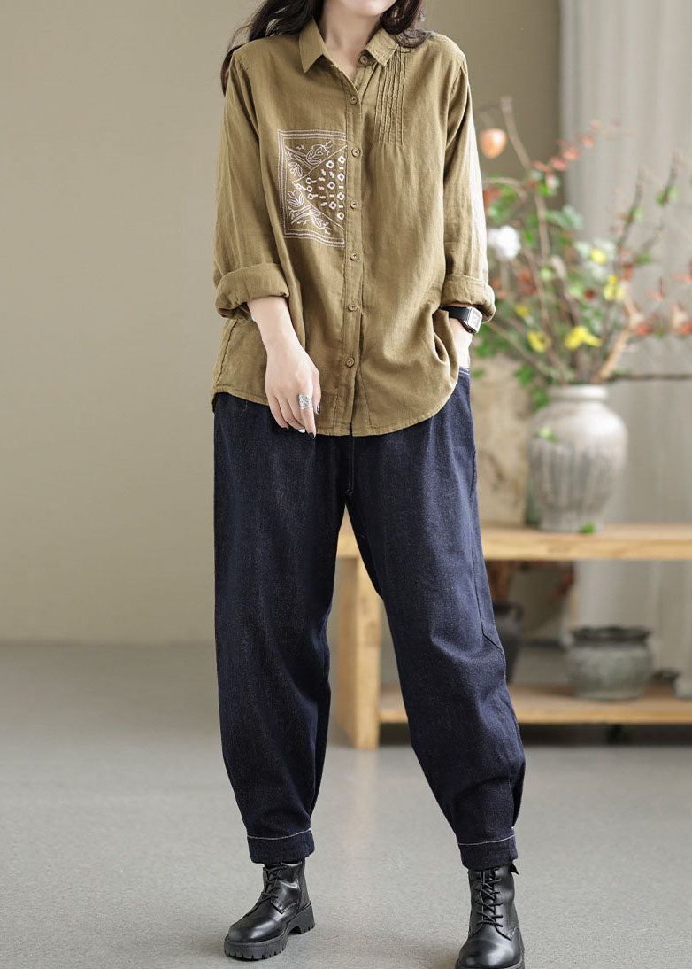 Khaki Lapel Embroideried Wrinkled Linen Shirt Tops Spring