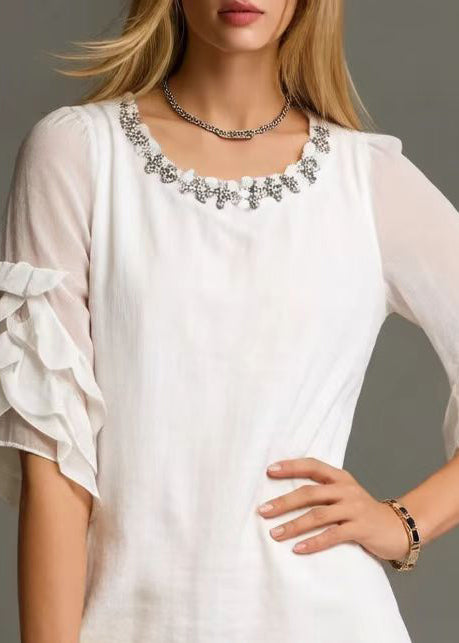 White O-neck Zircon Cotton Day Dress Petal Sleeve