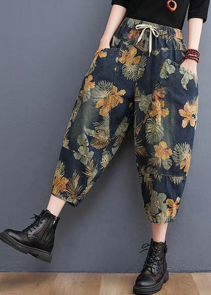 French Navy Elastic Waist Drawstring Pockets Print Denim Pants Spring