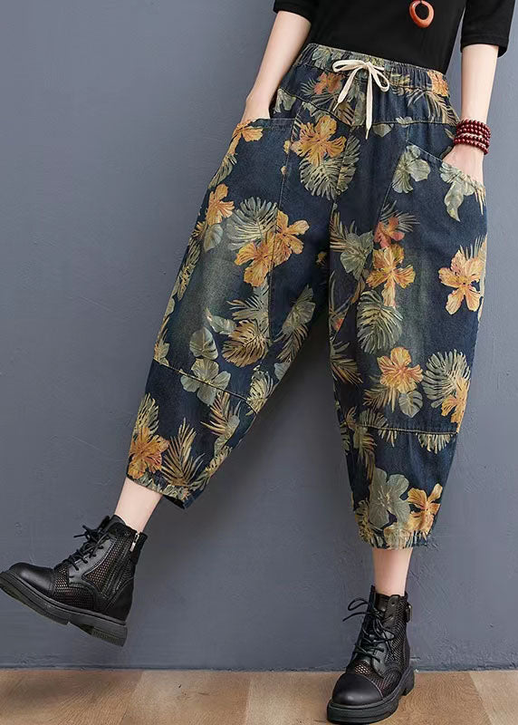 French Navy Elastic Waist Drawstring Pockets Print Denim Pants Spring