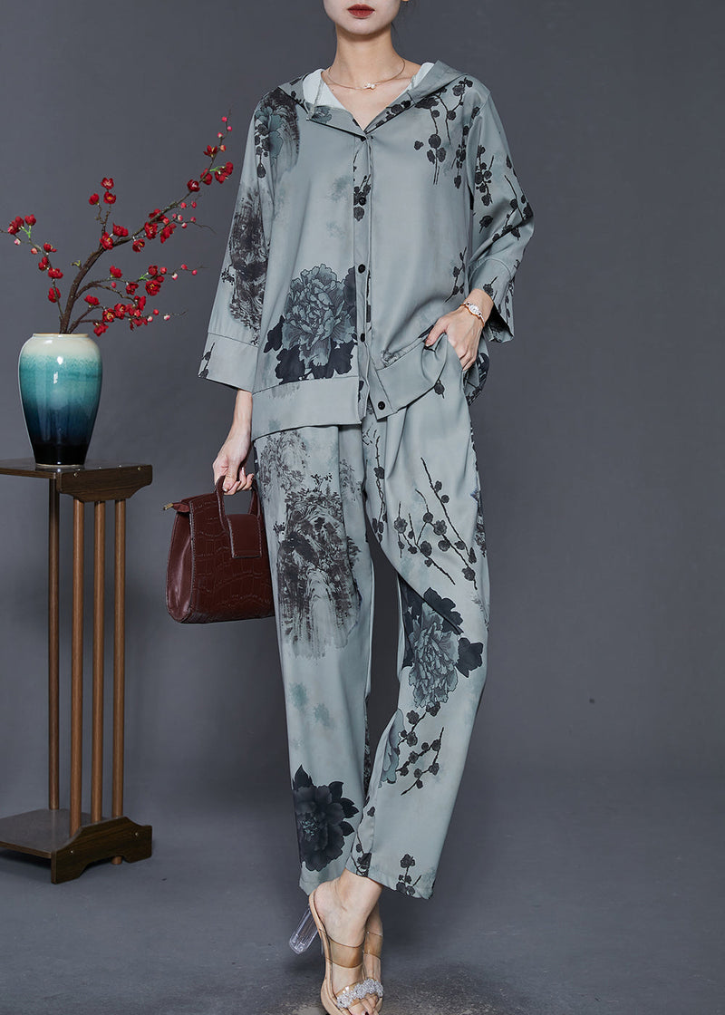 Natural Grey Hooded Ink and Wash Cotton Two Pieces Set Spring