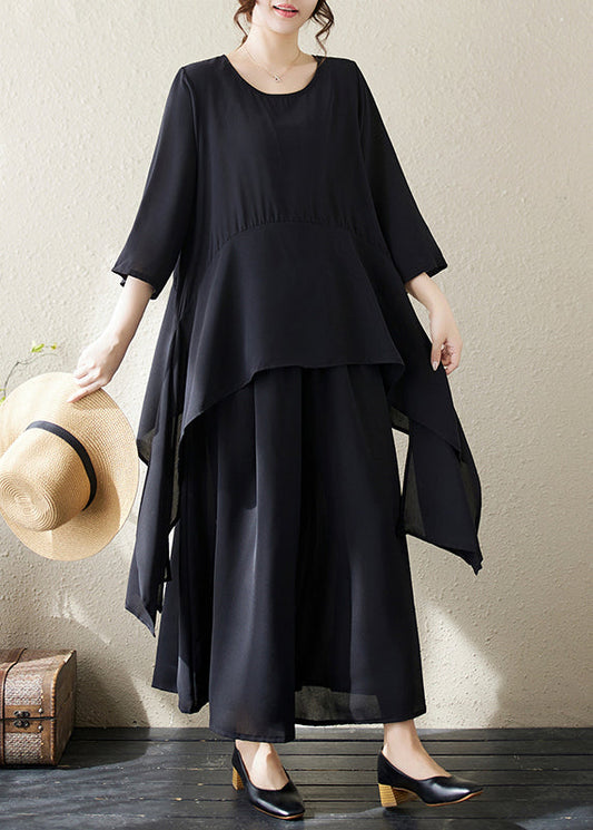 Black O Neck Asymmetrical Chiffon Two Piece Set Summer