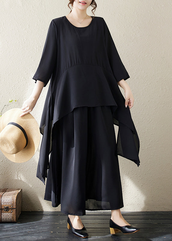 Black O Neck Asymmetrical Chiffon Two Piece Set Summer