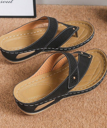 Unique Black Splicing Wedge Thong Sandals Faux Leather