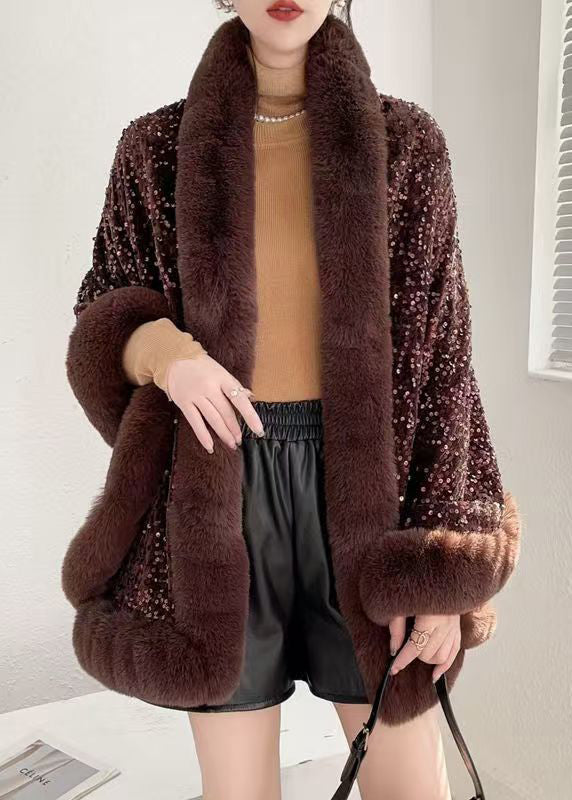 Coffee V Neck Sequins Patchwork Warm Fleece Coat Batwing Sleeve