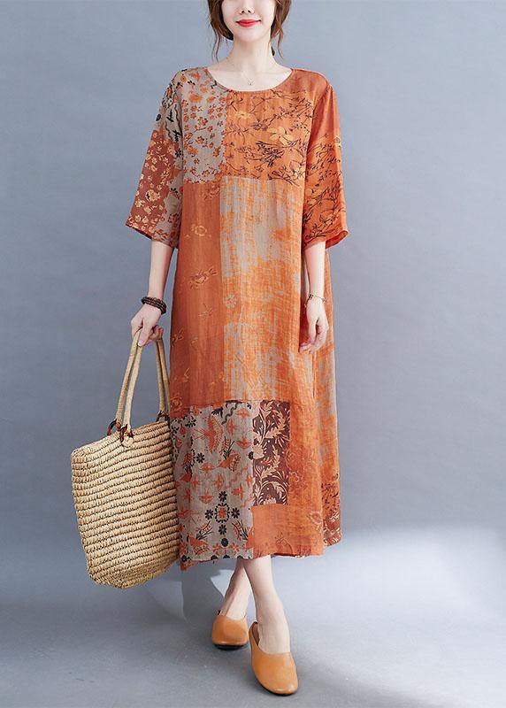 Purple Block Loose O-neck Print Summer Side Open Dress Half Sleeve
