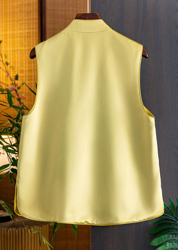 Yellow Stand Collar Embroideried Side Open Silk Waistcoat Fall