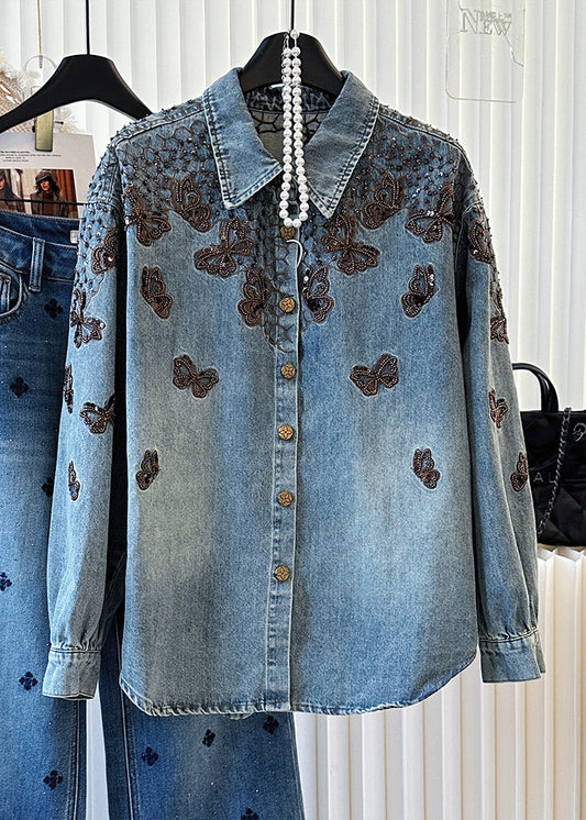 Blue Embroidered Butterfly Denim Coats Spring