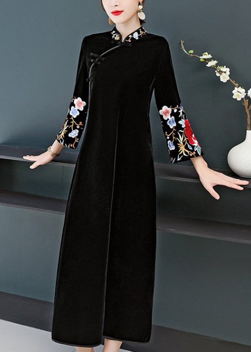 Black Stand Collar Embroideried Patchwork Velour Dress Fall