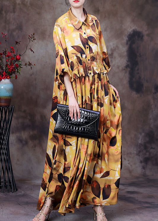 Yellow Peter Pan Collar Print Wrinkled Silk Long Shirt Dress Half Sleeve