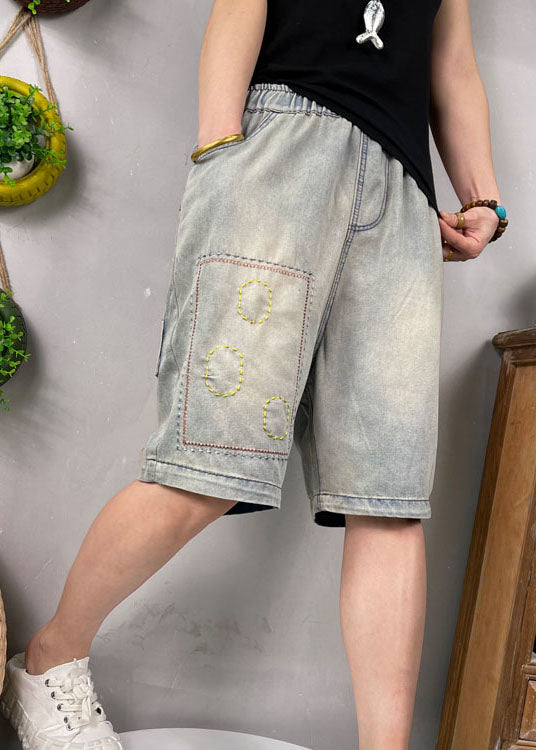 Natural Blue Embroideried Denim Shorts Summer