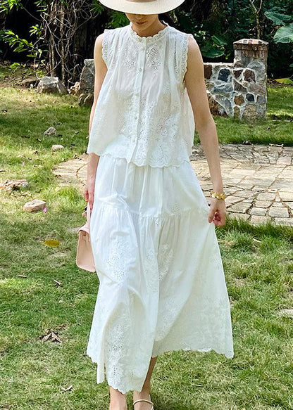 White Button Pockets Cotton Two Piece Set Hollow Out Sleeveless