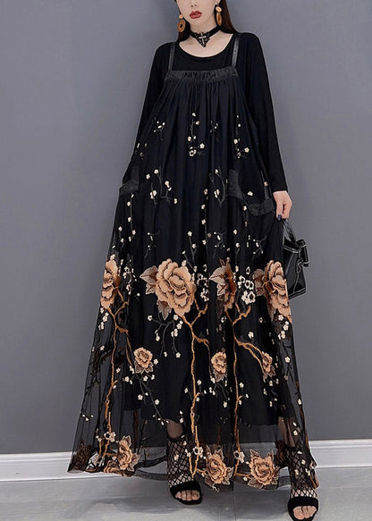 Yellow Embroideried Patchwork Tulle Spaghetti Strap Long Dress Two Piece Set Spring