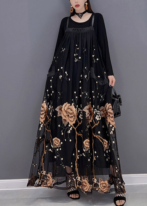 Yellow Embroideried Patchwork Tulle Spaghetti Strap Long Dress Two Piece Set Spring