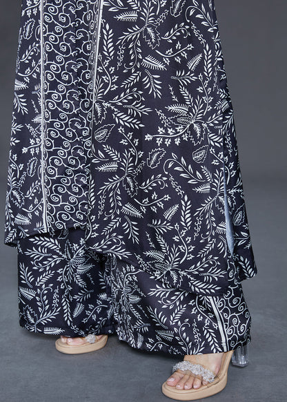 Black V Neck Print Chiffon Two Pieces Set Fall