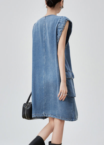 Original Blue V Neck Zippered Pockets Denim Mid Dress Sleeveless Summer