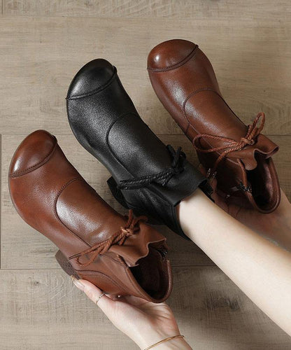 Brown Chunky Cowhide Leather Simple Splicing Ankle Boots