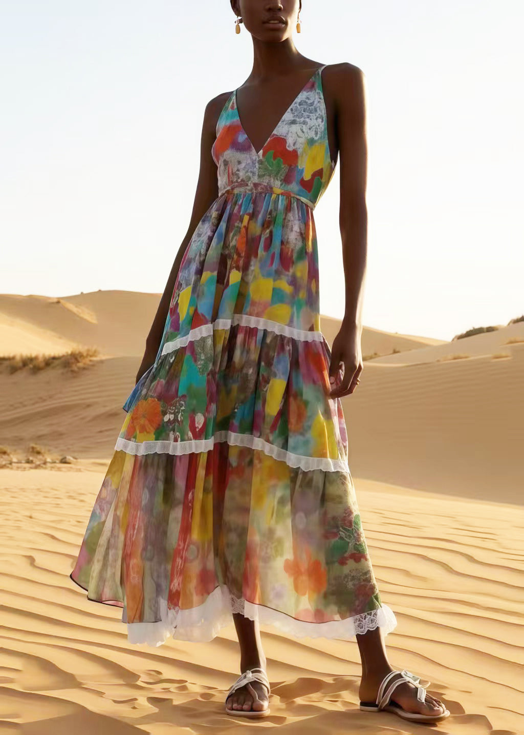 Apricot Print Patchwork Lace Chiffon Sundress Summer