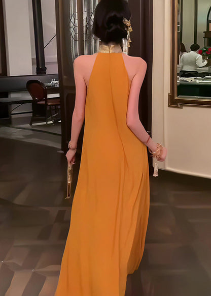 New Retro Orange Patchwork Silk Halter Dresses Summer