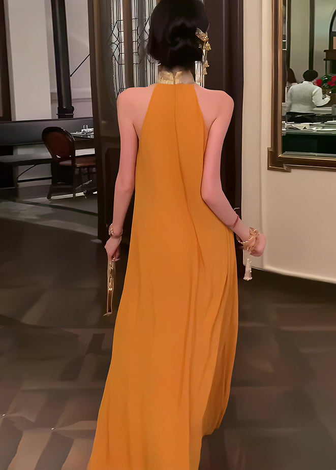 New Retro Orange Patchwork Silk Halter Dresses Summer