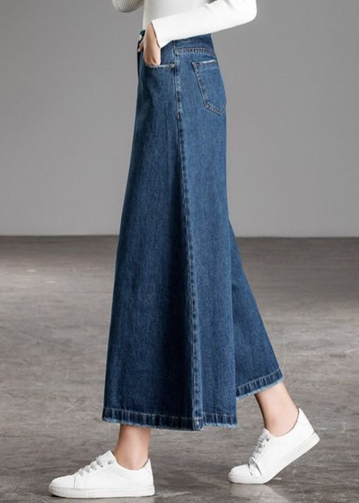 Blue High Waist Pockets Wide Leg Fall Denim Pants