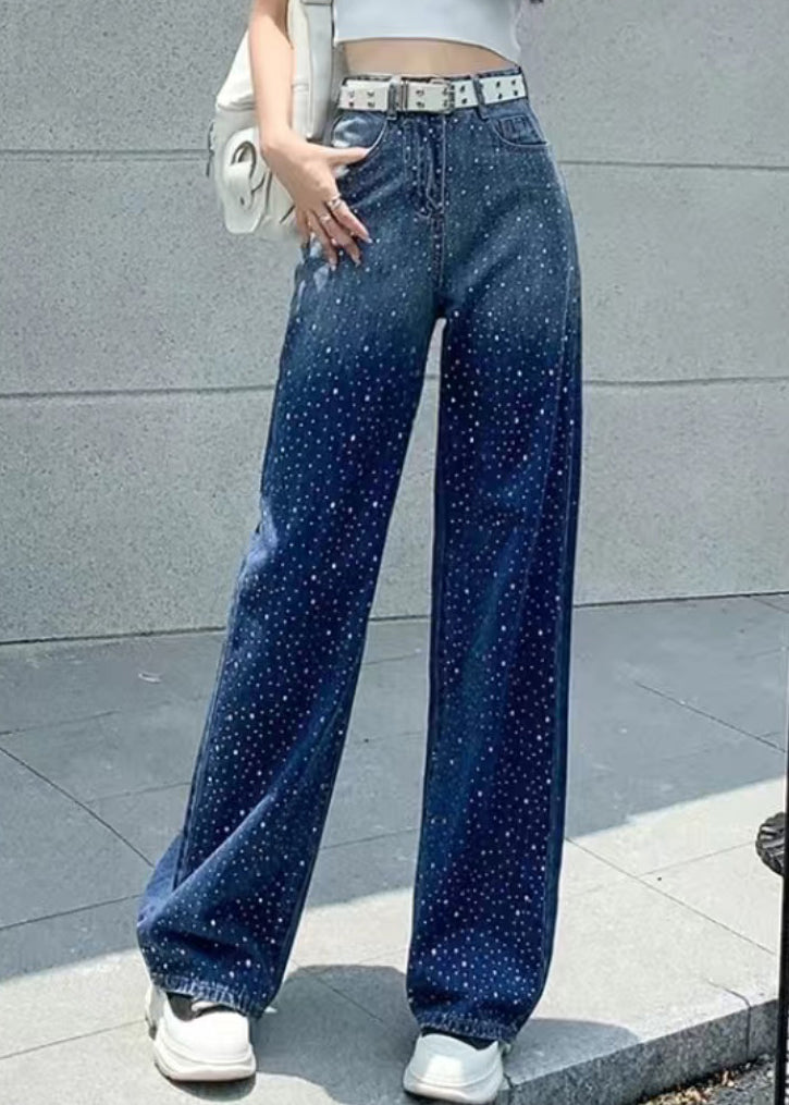 Blue Pockets Patchwork Zircon Straight Jeans