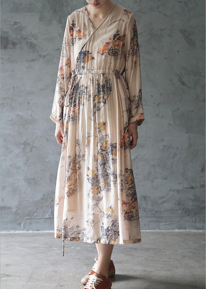 Italian Orange Tie Waist V Neck Print Party Dress Long Sleeve