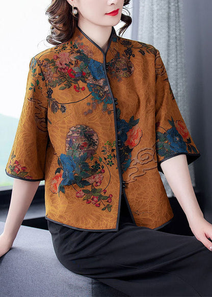 Khaki Stand Collar Print Silk Blouse Top Half Sleeve