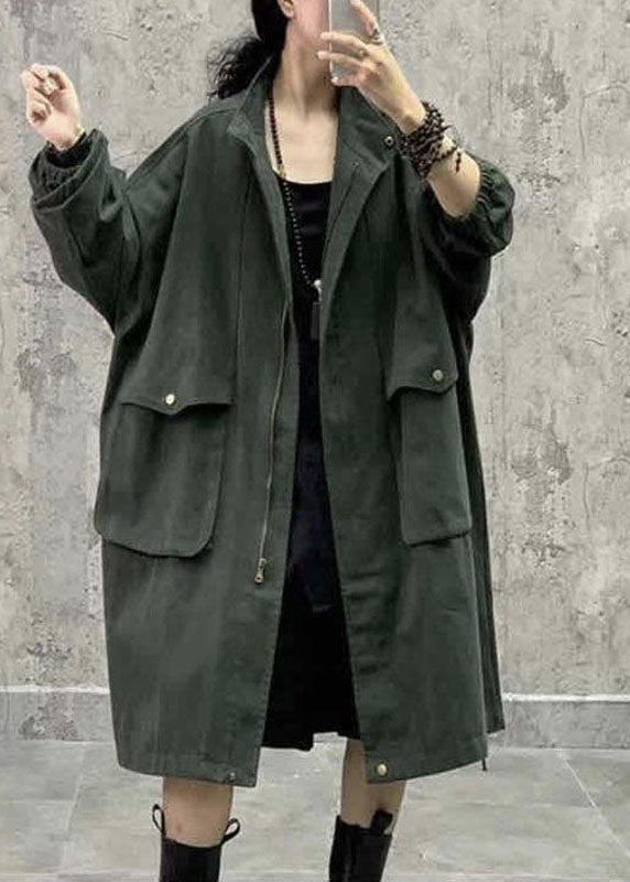 Army Green Stand Collar Zippered Pockets Fall Long Sleeve Trench Coat