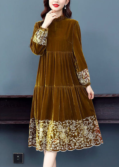 Yellow Ruffled Patchwork Print Velour Dress Spring