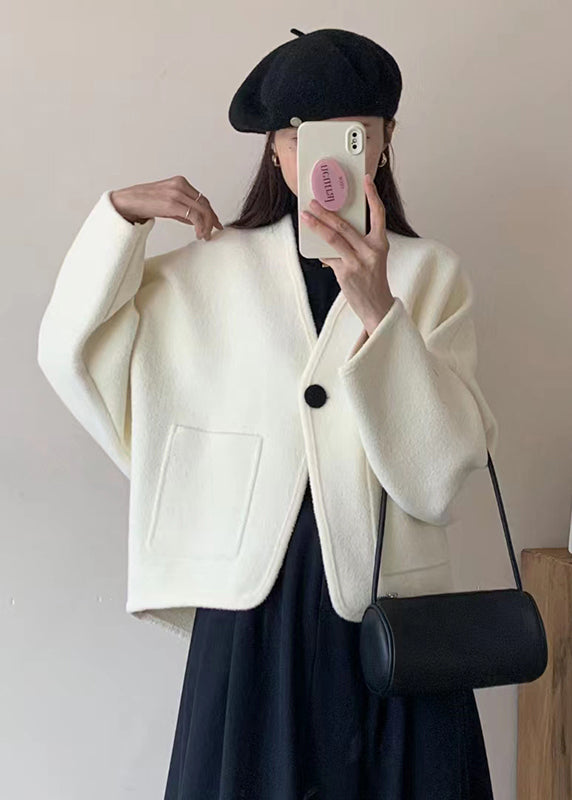 Coffee V Neck Pockets Woolen Short Coat Winter
