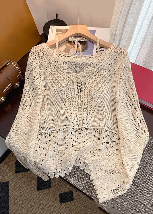 Apricot Hollow Out Lace Up Knit Two Pieces Set Spring