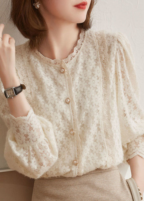 Beige Hollow Out Button Lace Patchwork Tops Lantern Sleeve