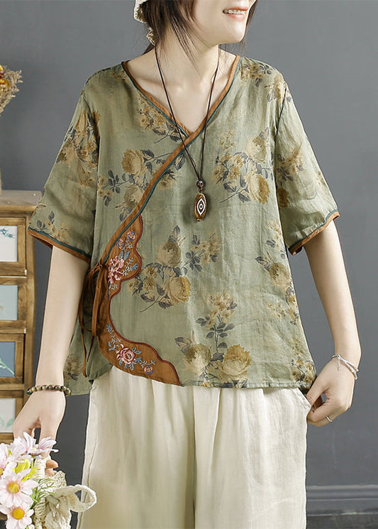 Green Embroideried Print Lace Up Linen Shirts Summer