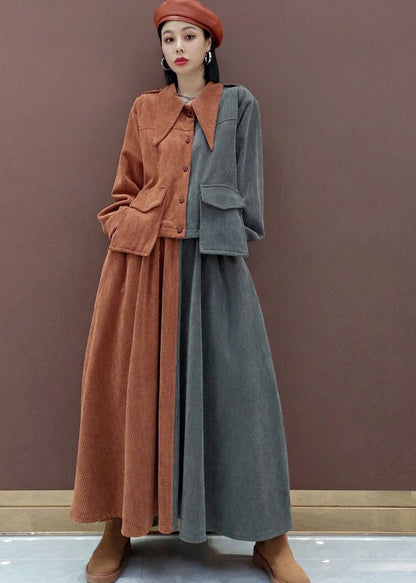 Fine V Neck Patchwork Corduroy Long Sleeved Tops Circle Skirts Two Piece Set Outfits