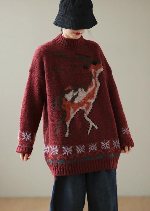 Burgundy Deer Design Knit Top Silhouette High Neck Knitwear