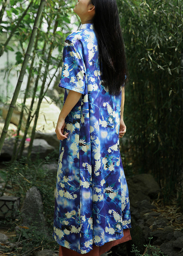 Blue Print Pockets Linen Long Dresses Short Sleeve