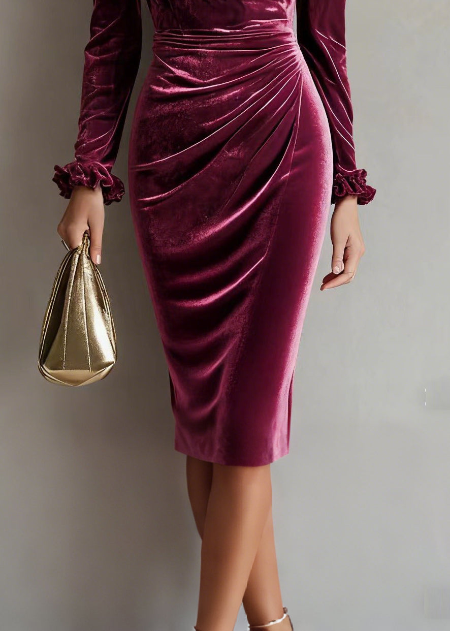Style Mulberry Ruffled Wrinkled Silk Velvet Vacation Dresses Spring