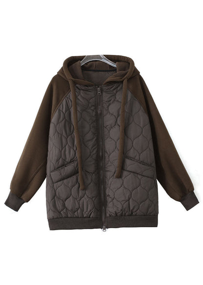 Chocolate Hooded Drawstring Patchwork Fine Cotton Filled Witner Coat