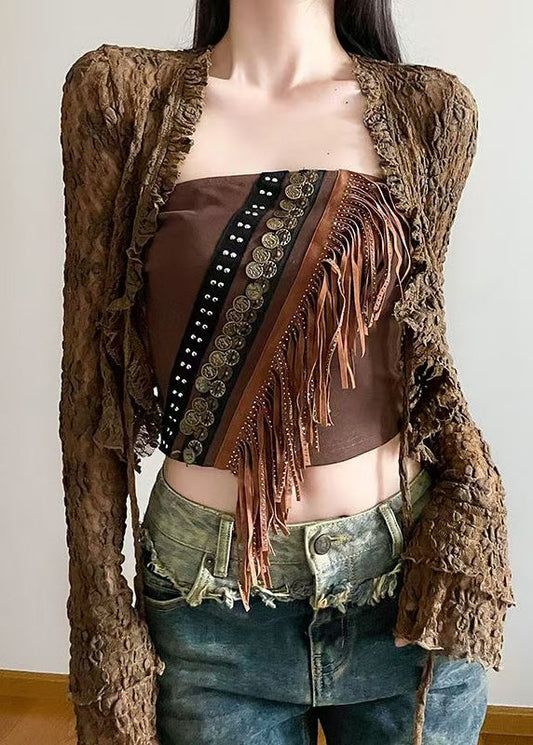 Brown Hollow Out Lace Up Cardigans and Tasseled Tank Two Pieces Set Spring
