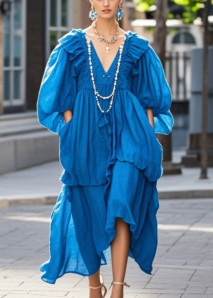 Blue Oversized Ruffles Cotton Long Dress Fall