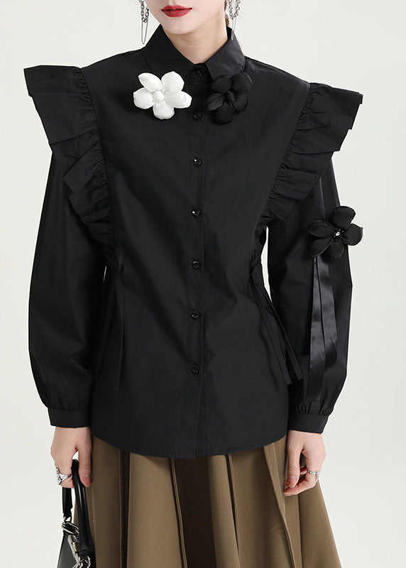 Boutique Black Butterfly Sleeve Button Peter Pan Collar Shirt