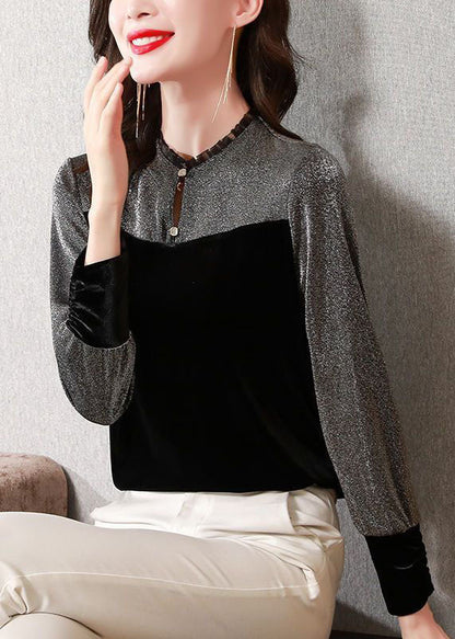 Black Ruffled Patchwork Silk Velour Shirt Top Spring