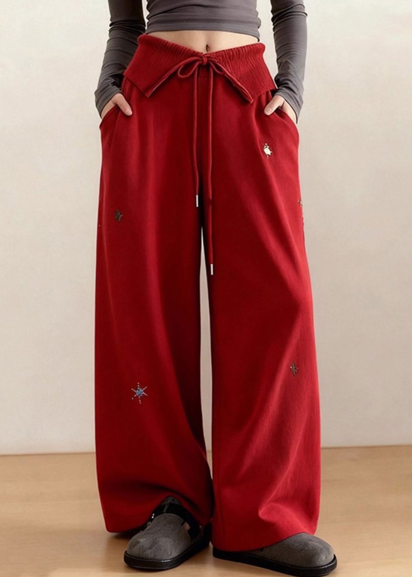 Diy Red Embroidered Tie Waist Cotton Straight Pants Spring