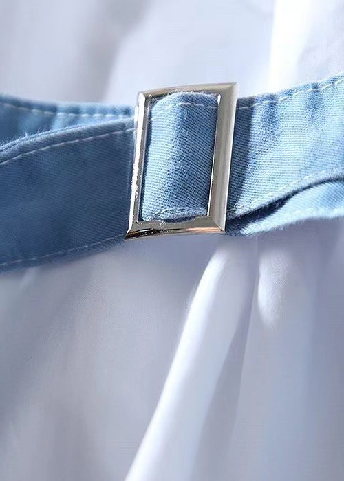 Diy White Patchwork Denim Cotton Fake Two Piece Blouse Tops Spring