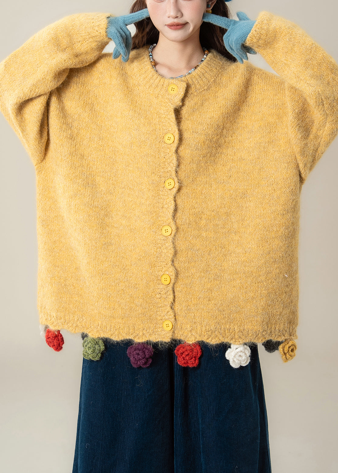 Yellow Button Cozy Knit Coat O Neck Batwing Sleeve